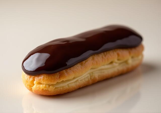Een perfect afgewerkte eclair met chocoladeglazuur