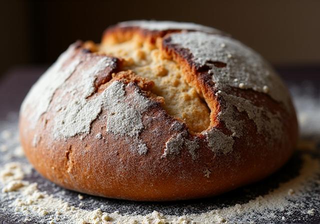 Een rond, rustiek zuurdesembrood met een knapperige korst