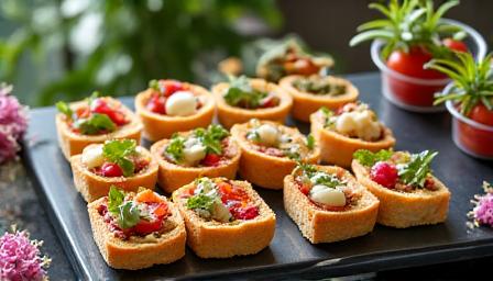 Platter met belegde broodjes en kleine quiches voor lunch en receptie