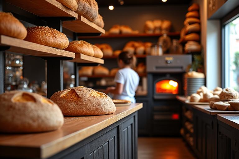 Interieur van Gouden Korf Bakkerij met bakker in actie