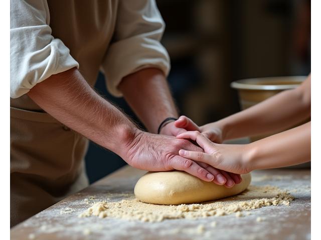 Een oudere bakker met een jonge leerling, traditioneel deeg knedend, wat generatieoverdracht symboliseert